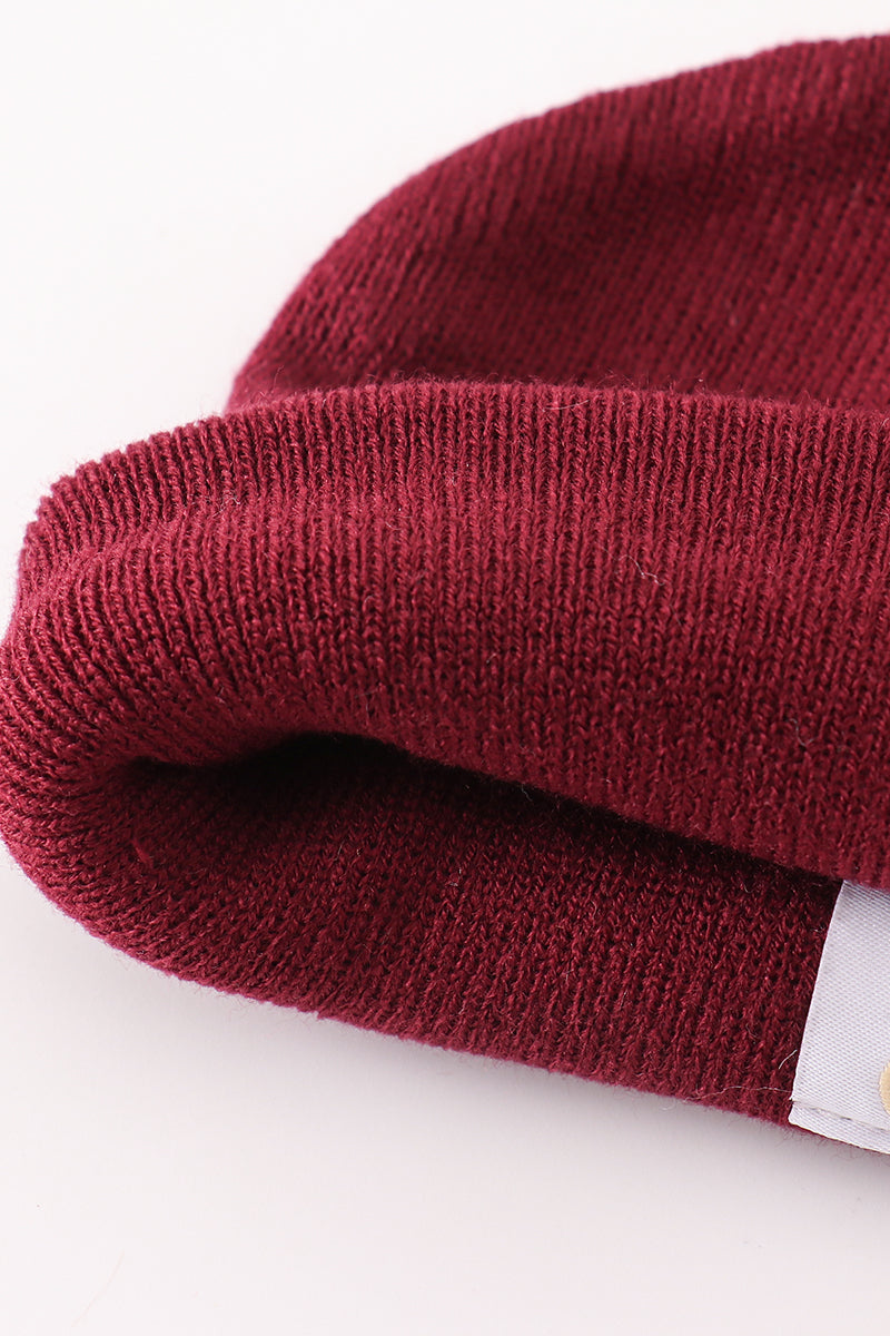 Burgundy ribbed basic knit beanie hat