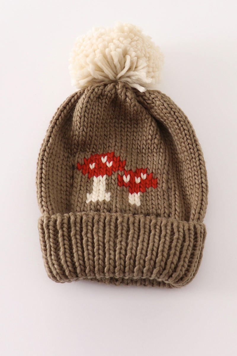Brown pompom mushroom cable beanie hat