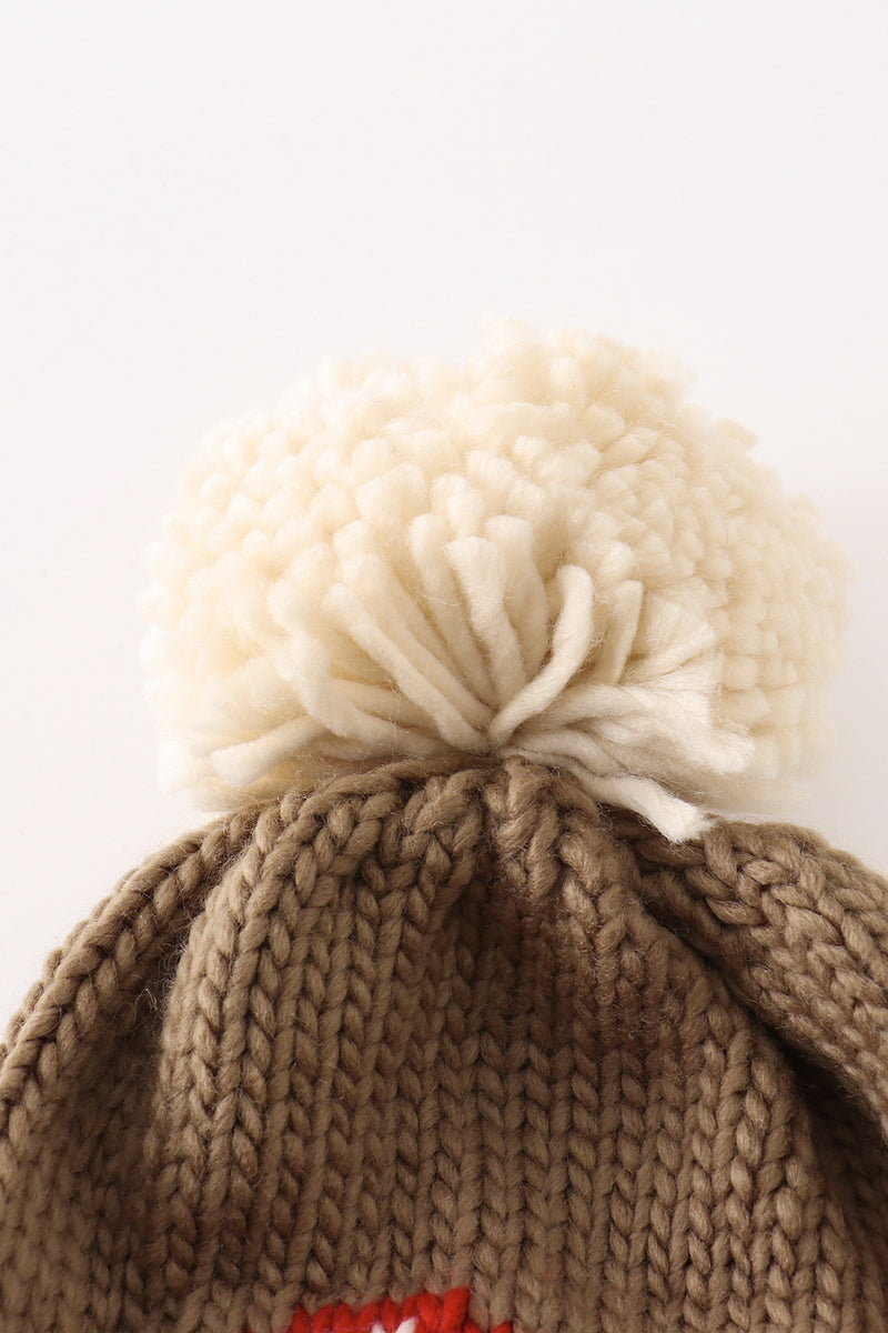 Brown pompom mushroom cable beanie hat