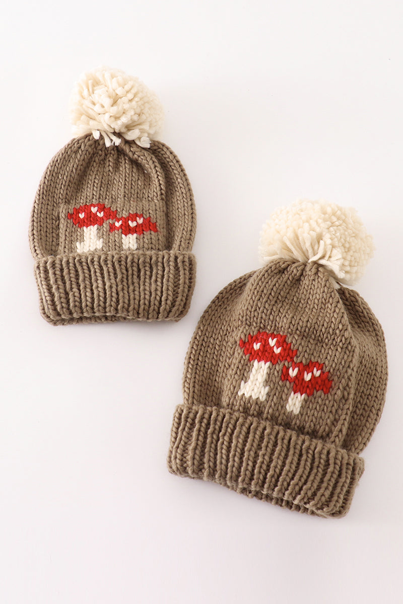 Brown pompom mushroom cable beanie hat