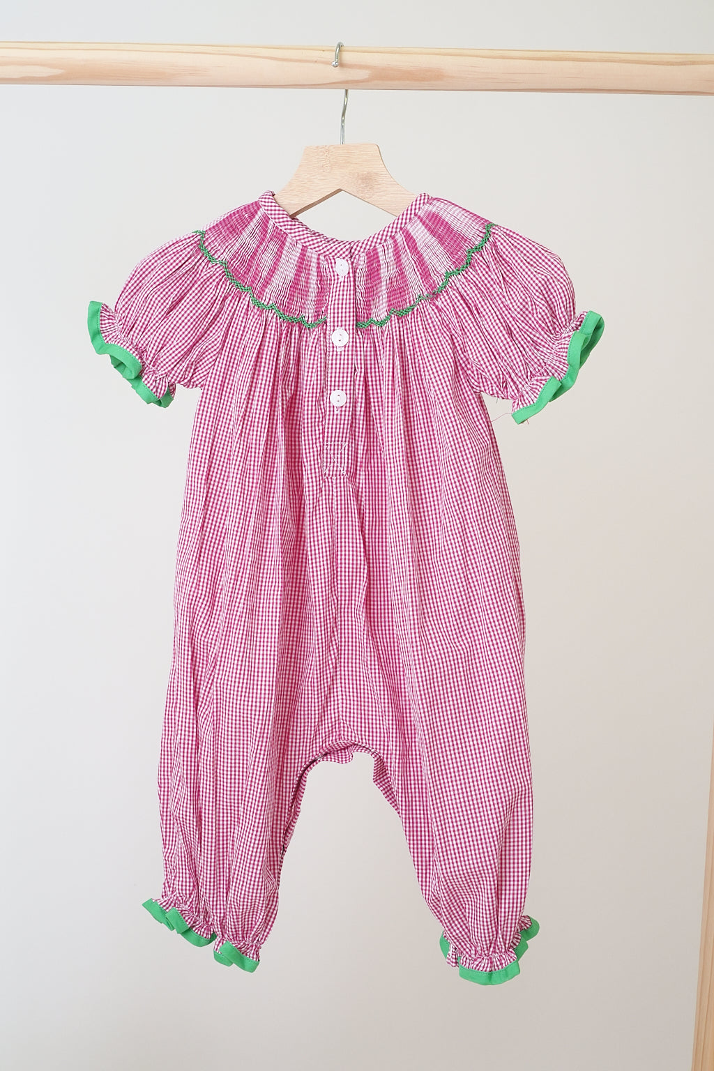 Pink joy hand smocked girl gingham romper