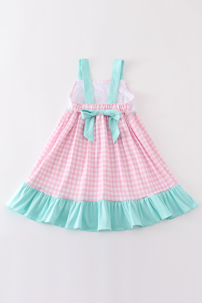 Pink tractor embroidery plaid dress