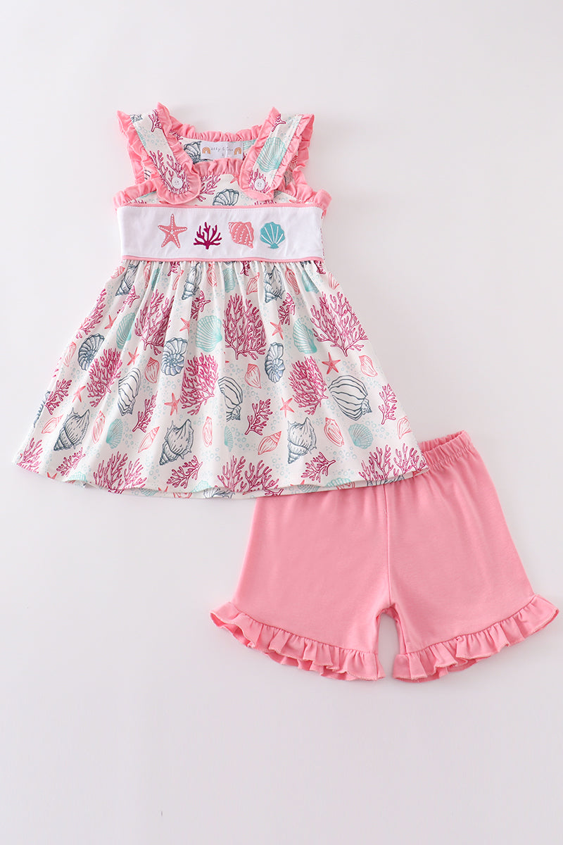 Pink shell embroidery girl set