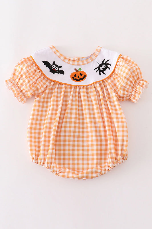 Orange halloween embroidery plaid girl bubble