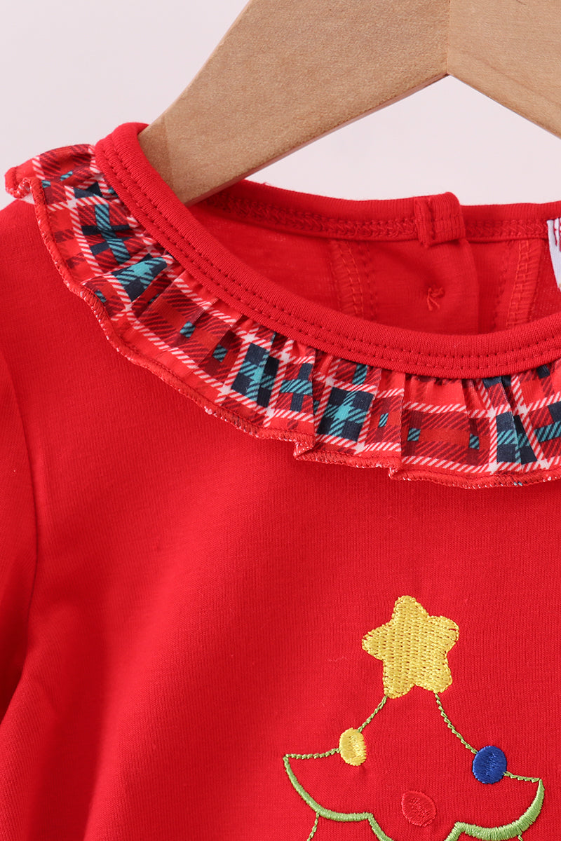 Red tree embroidery plaid ruffle bubble