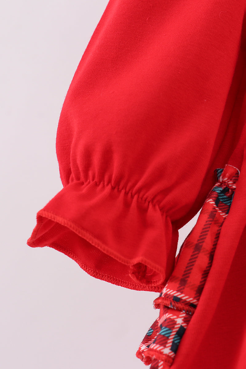 Red tree embroidery plaid ruffle bubble