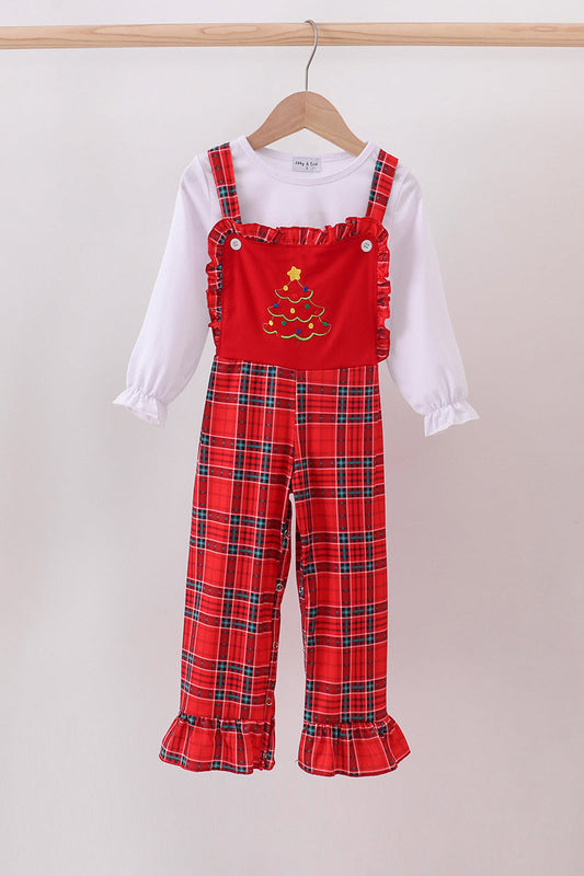 Red tree embroidery plaid ruffle jumpsuit set