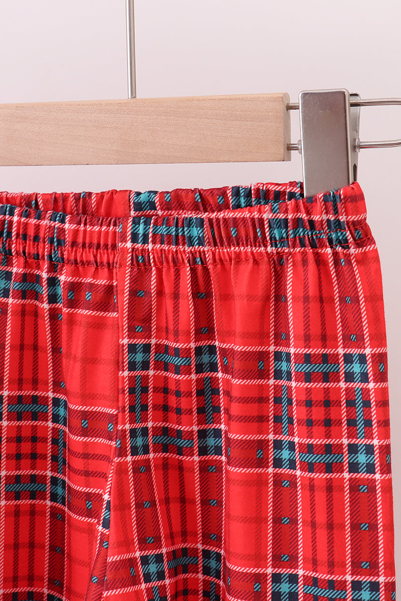 Red tree embroidery plaid bow pants set