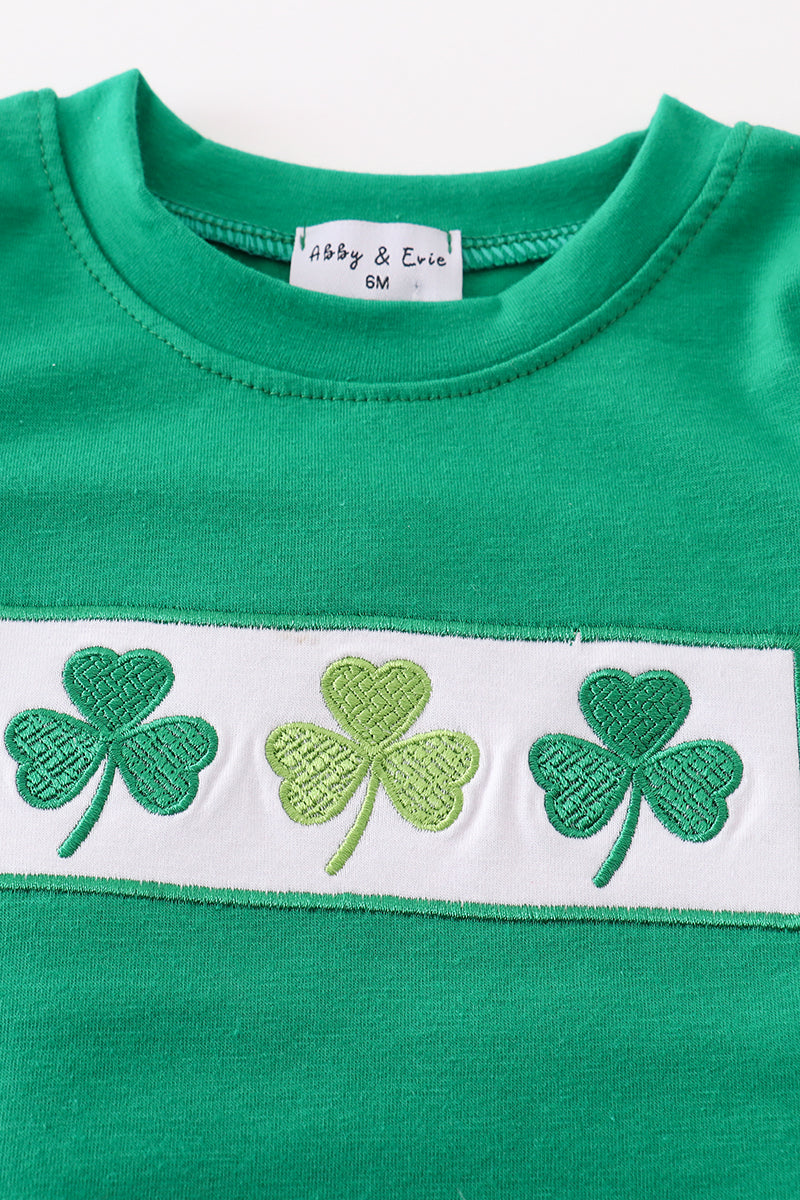 Green lucky clover embroidery boy bloomer set