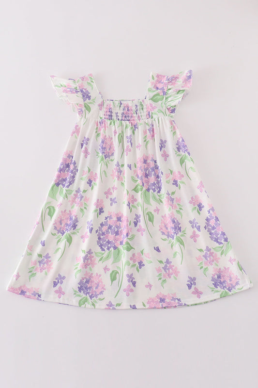 Purple hydragena print smocked girl dress