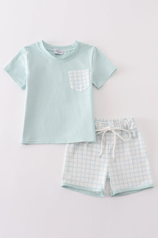 Blue checkered boy shorts set