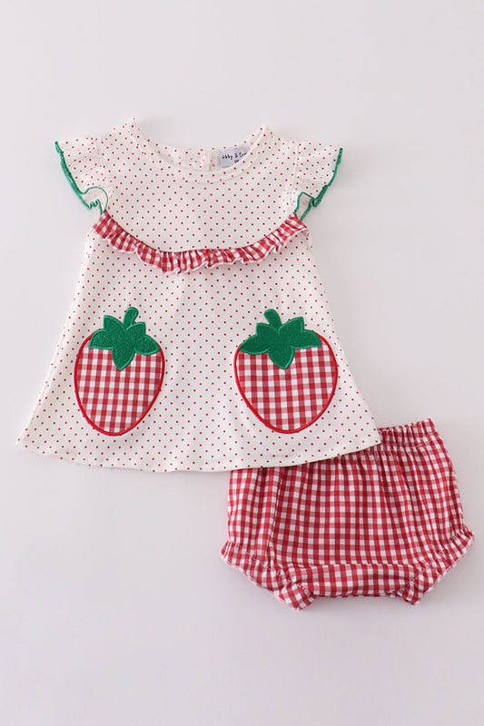 Red dot strawberry applique girl bloomer set