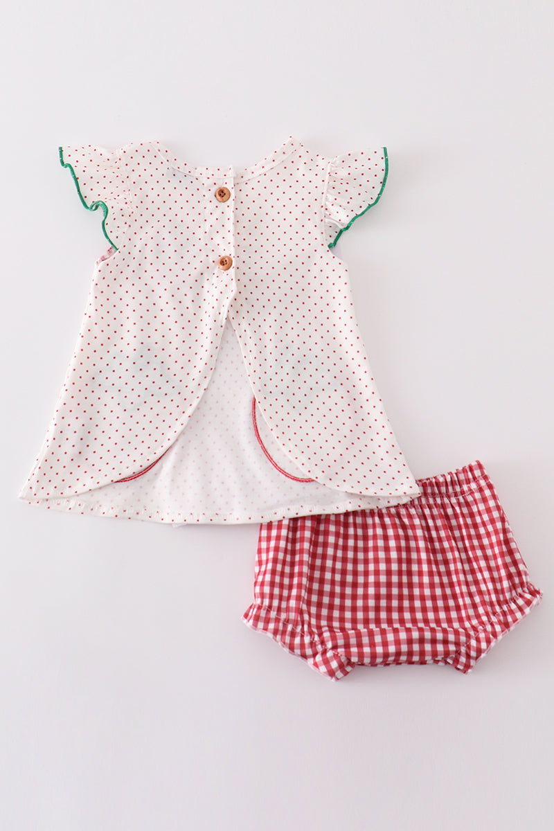 Red dot strawberry applique girl bloomer set