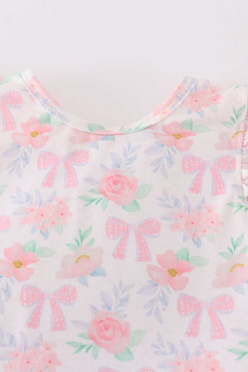 Pink floral bow print girl bloomer set