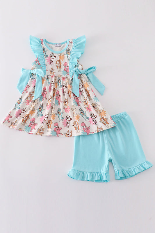 Blue character print ruffle girl set