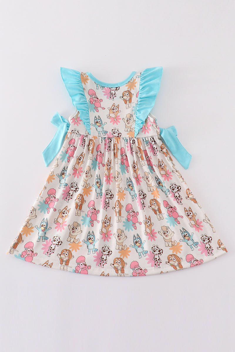 Blue character print ruffle girl dress