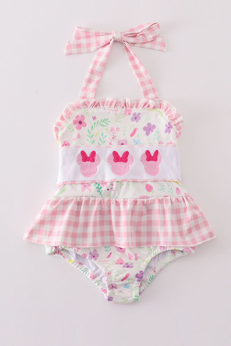 Pink Floral Mouse Embroidery Swim Suit