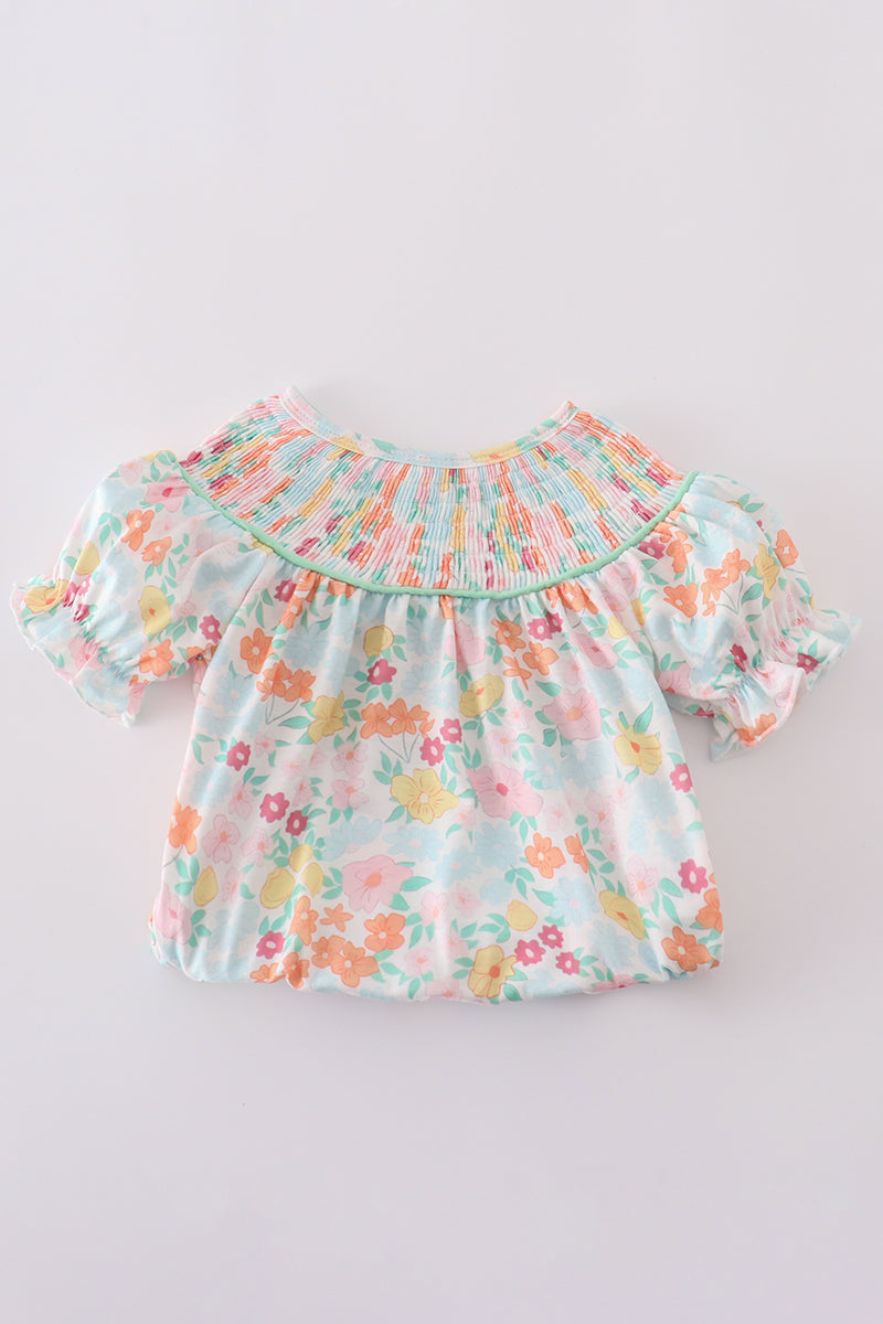 Green springtime bloom smocked girl bubble