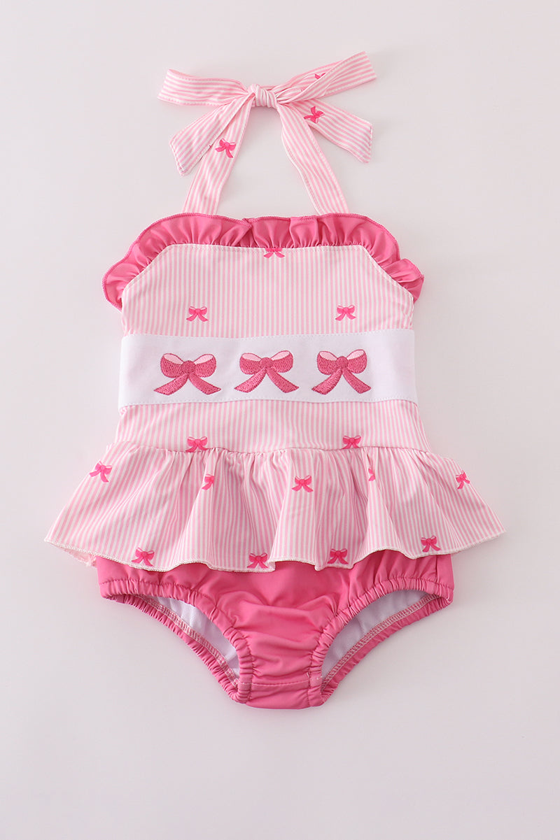 Pink stripe bow embroidery one-piece swimsuit
