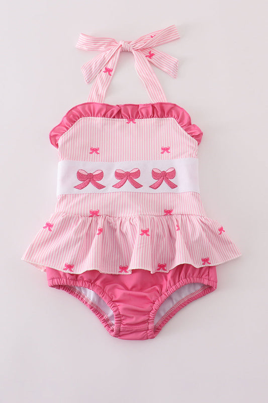 Pink stripe bow embroidery one-piece swimsuit