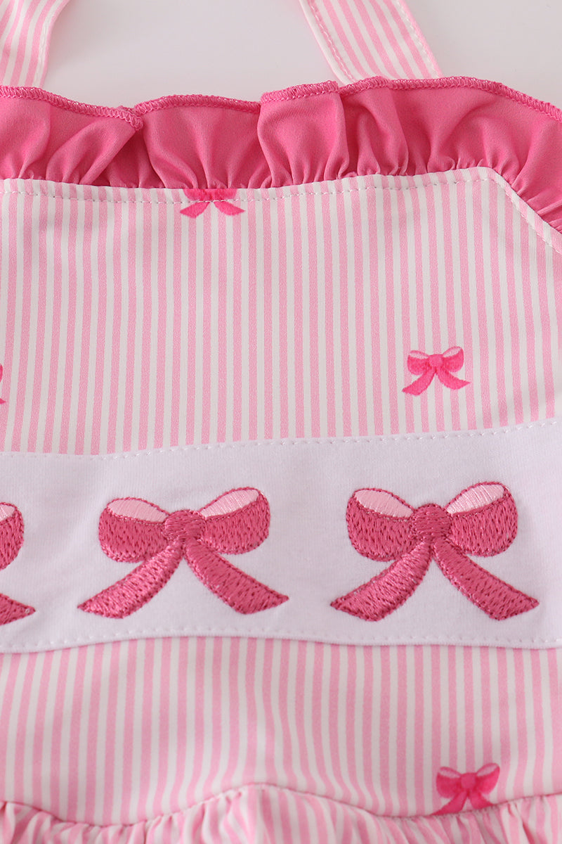 Pink stripe bow embroidery one-piece swimsuit