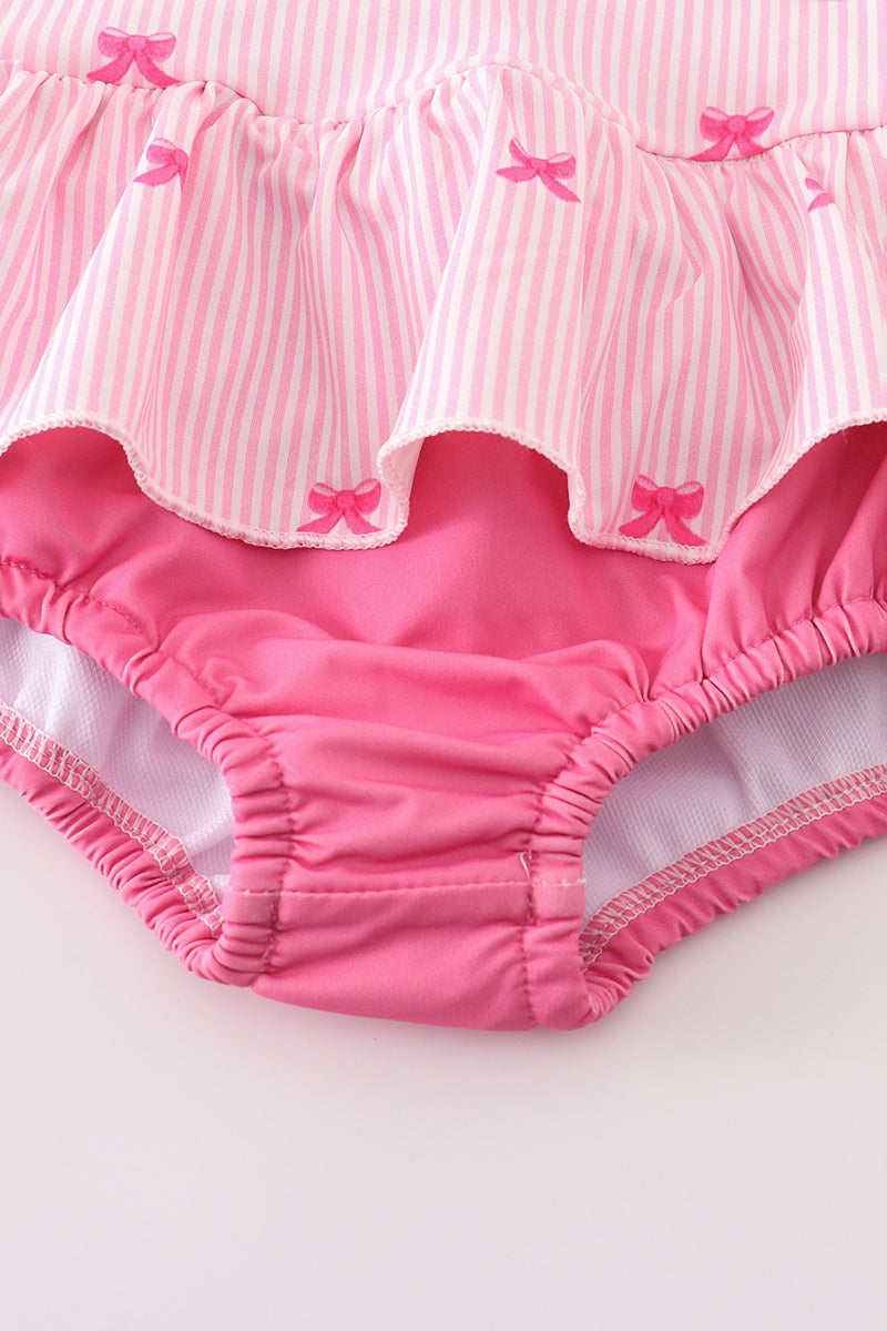 Pink stripe bow embroidery one-piece swimsuit