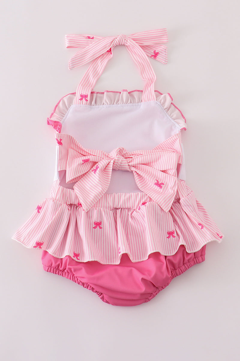 Pink stripe bow embroidery one-piece swimsuit