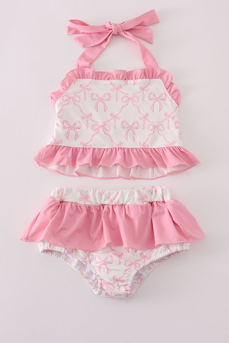 Pink bow smocked 2pc swimsuit