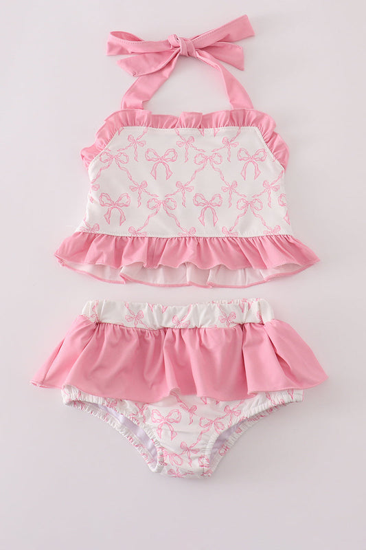 Pink bow smocked 2pc swimsuit