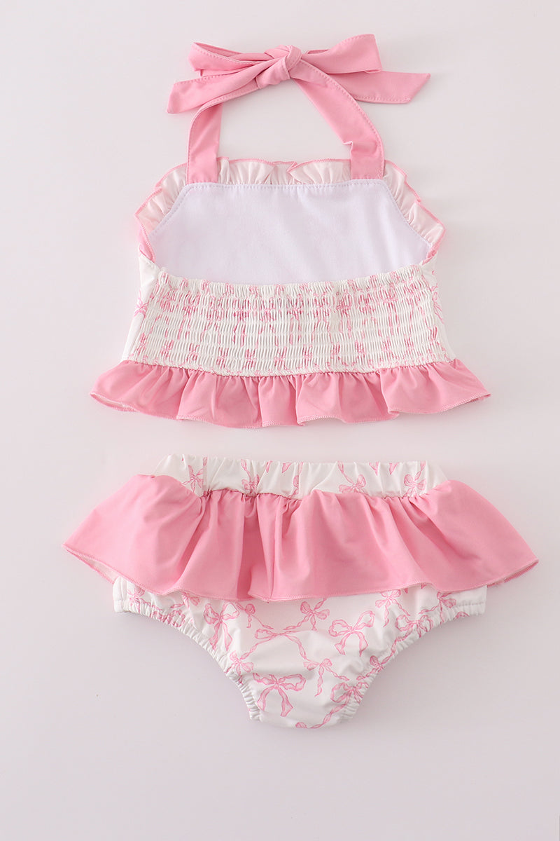 Pink bow smocked 2pc swimsuit