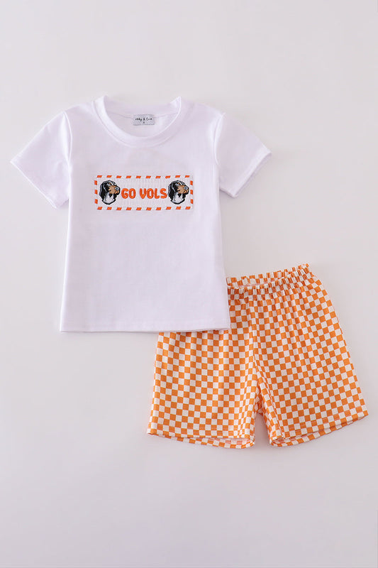 Orange Tennessee GO VOLS embroidery smocked checkered shorts set