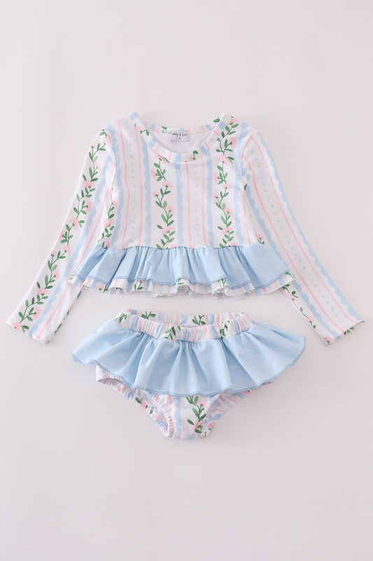 Blue floral print ruffle 2pc rashguard swimsuit