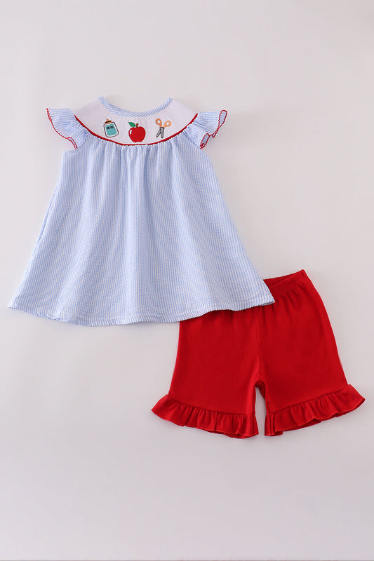 Red ABC apple embroidery smocked shorts set