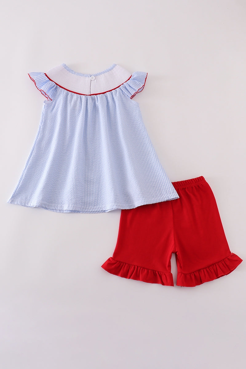 Red ABC apple embroidery smocked shorts set