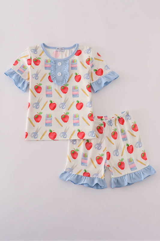 Apple pencil print ruffle shorts set