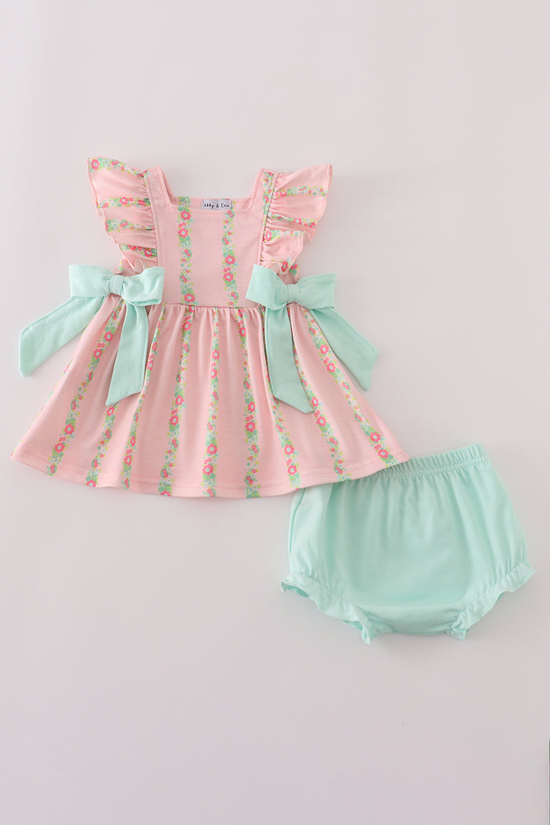 Pink floral print ruffle bloomer set