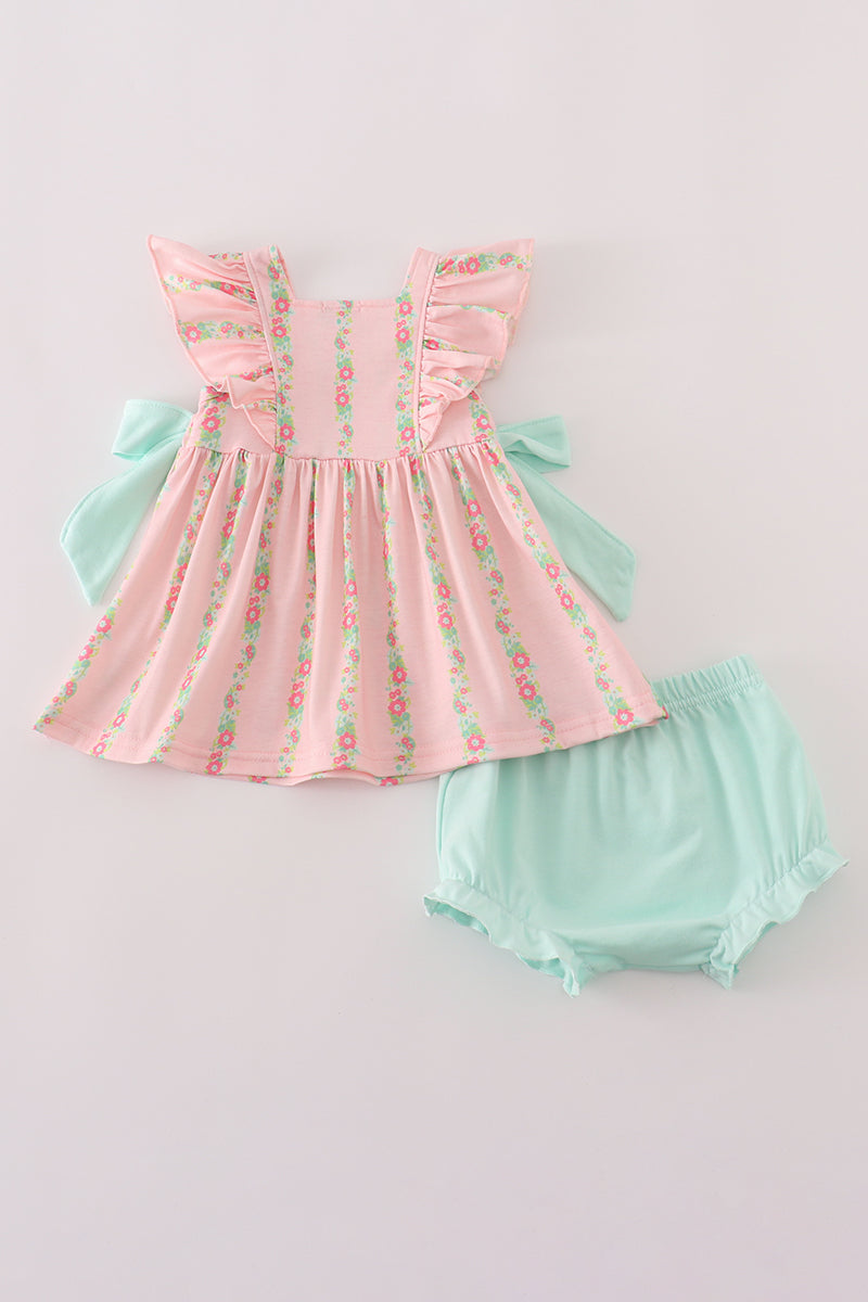 Pink floral print ruffle bloomer set