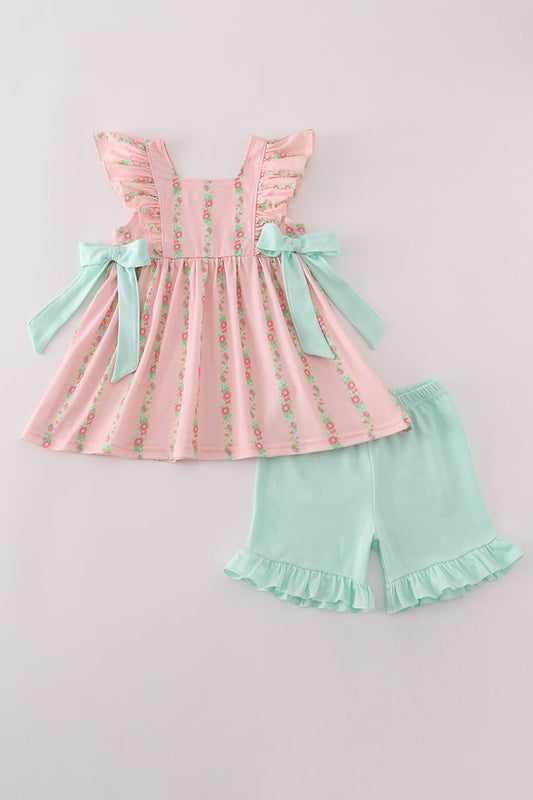 Pink floral ruffle shorts set