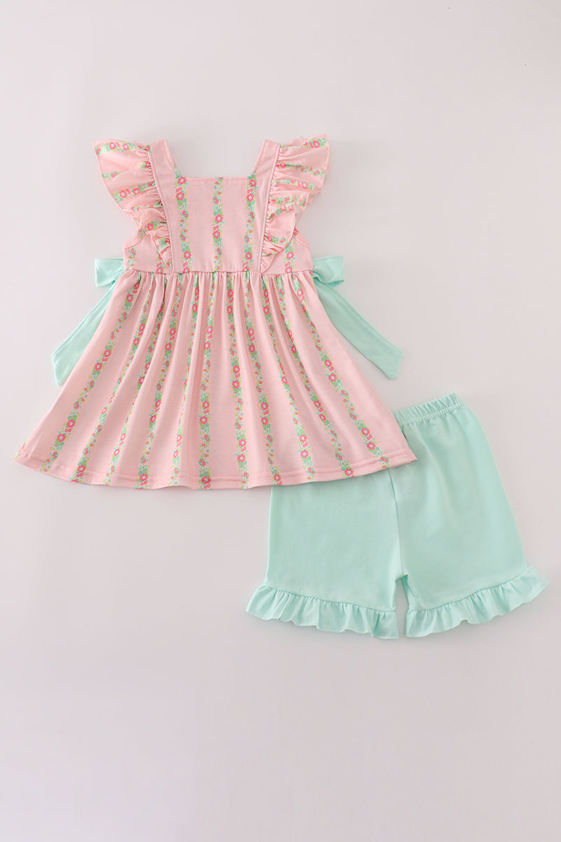 Pink floral ruffle shorts set