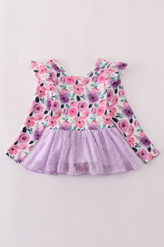 Purple floral swiss dot leotard