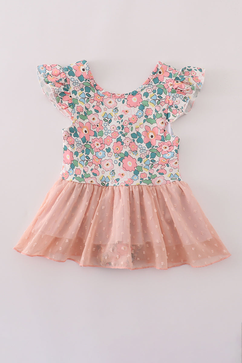 Pink floral print swiss dot leotard