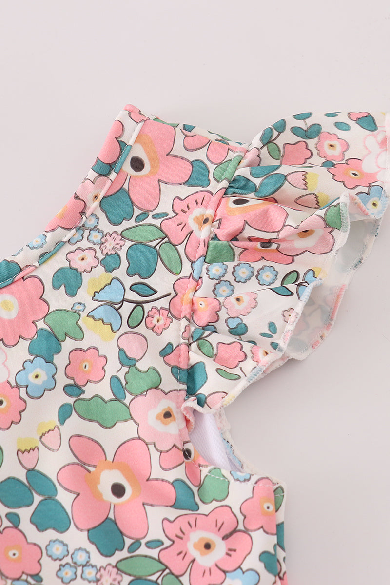 Pink floral print swiss dot leotard