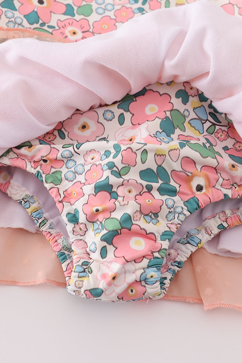 Pink floral print swiss dot leotard