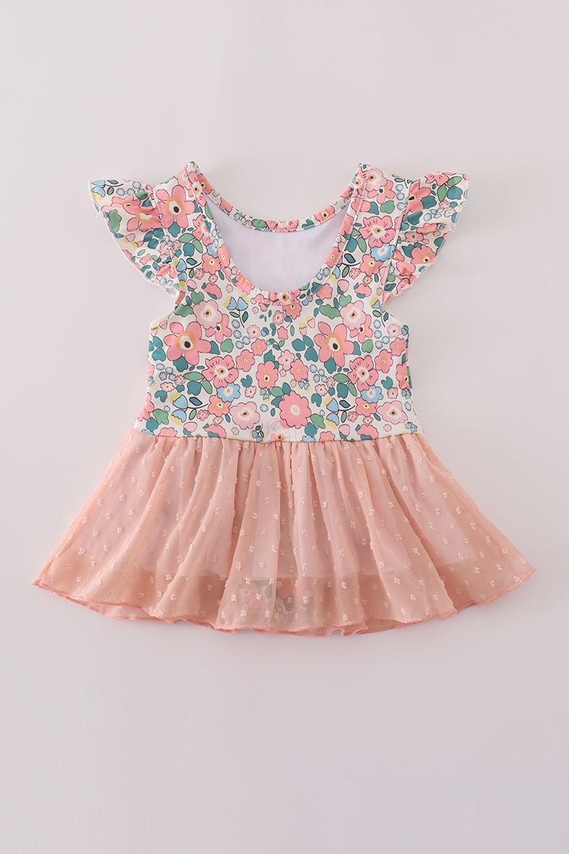 Pink floral print swiss dot leotard