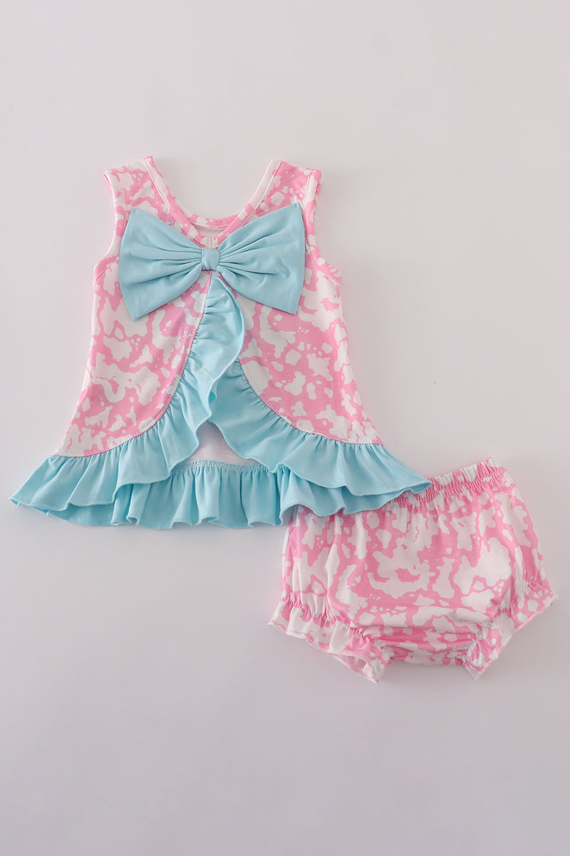 Pink strawberry milk cow embroidery bloomer set