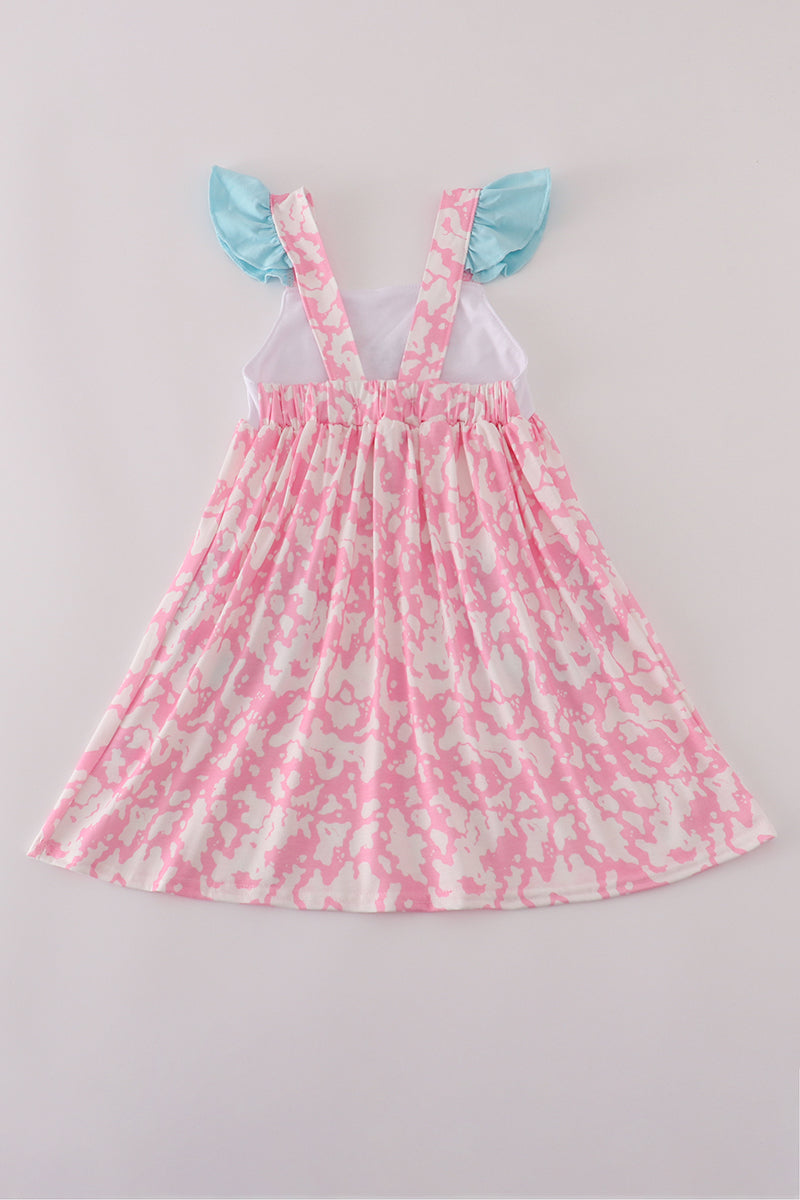 Pink strawberry milk cow embroidery ruffle dress