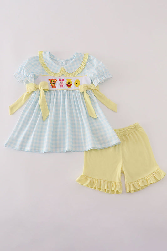 Tiger, Pig, Bear Character Embroidery Gingham Ruffle Shorts Set