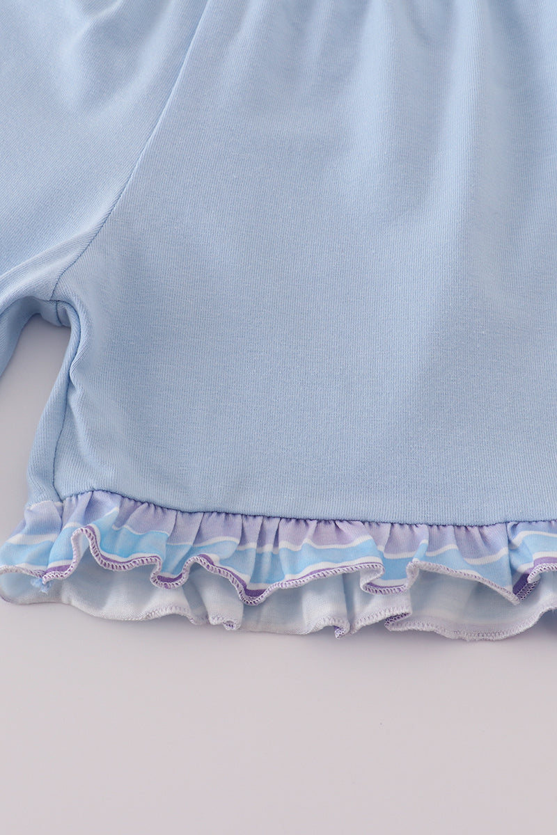 Purple stripe mermaid embroidery ruffle shorts set