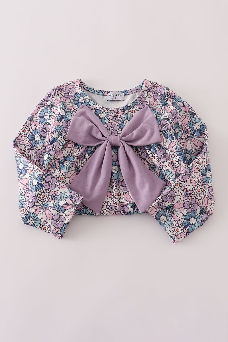 Purple floral bow ruffle pants set