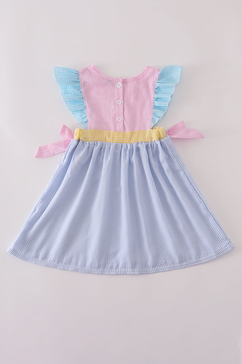 Multi seersucker stripe ruffle dress